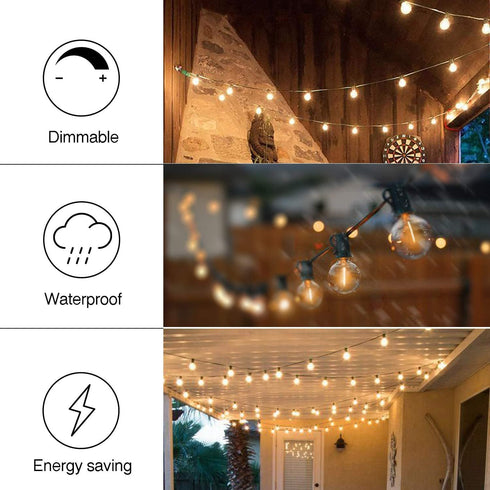 50FT G40 26 Dimmable Bulbs, 2700K E12 Banord Globe String Lights with Plastic Waterproof Outdoor LED Lights for Patio