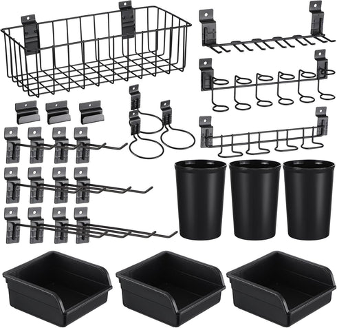 28 Pcs Slatwall Accessories Organizer Kit, Slatwall Hooks, Bins, Cups, and Basket for Garage Kitchen Organization