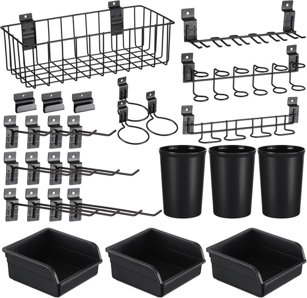 28 Pcs Slatwall Accessories Organizer Kit, Slatwall Hooks, Bins, Cups, and Basket for Garage Kitchen Organization