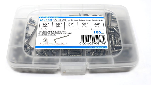 iexcell 100 Pcs #8-32 Stainless Steel 304 Hex Socket Button Head Cap Screws Assortment Kit