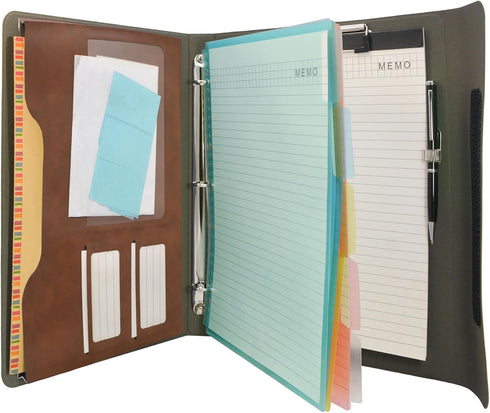 Binder Portfolio Organizer Case with 3-Ring Binder, Padfolio, Clipboard, Color File Folders (Brown, Standard)