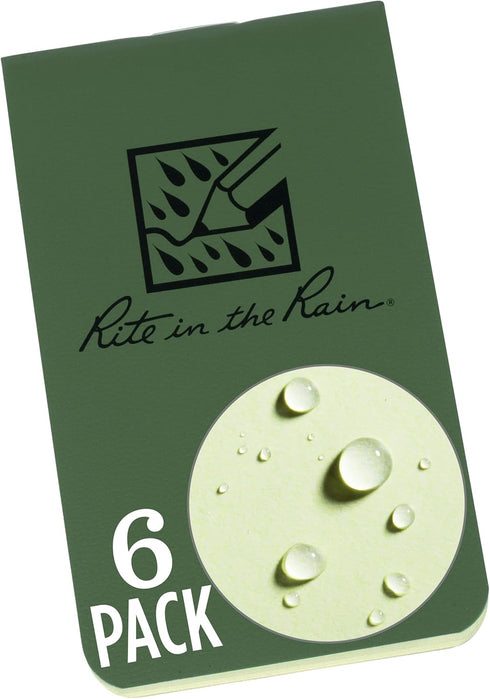 Rite in the Rain Weatherproof On The Go Wallet Notebook, 2" x 3.375", 6 Pack, Green Cover, Blank Pages (No. OTG971L)