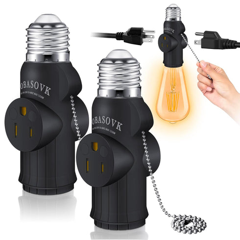 2Pcs Tobasovk 3 Prong Light Socket Adapter, Double Sides Both Support 3 Prong Light Socket to Plug Adapter (Black).