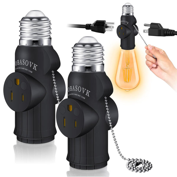 2Pcs Tobasovk 3 Prong Light Socket Adapter, Double Sides Both Support 3 Prong Light Socket to Plug Adapter (Black).
