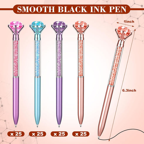 Sherr 100 Pack Big Crystal Diamond Pens, Cute Retractable Ballpoint Pens with Rhinestones, 4 Color Black Gel Ink