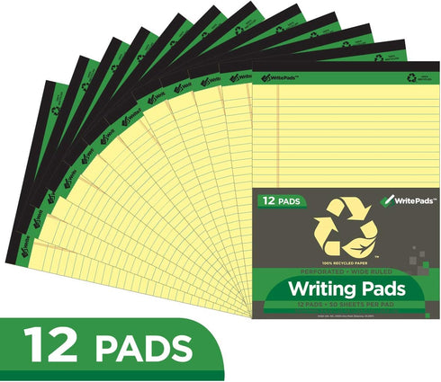 KAISA Legal Pads Writing Pads Recycled Paper, 8.5"x11.75" Wide Ruled Perforated 50 sheets Notepads 8-1/2"x 11-3/4" Writed Pad, Canary (Pack of 12pc) KSU-5668 by KAISA