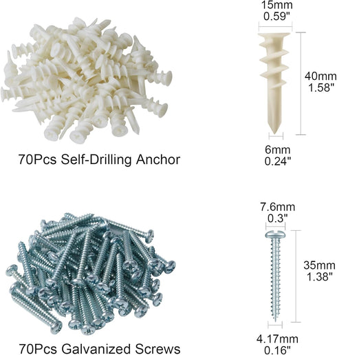 KURUI #8 Self Drilling Drywall Anchors, 140PCs Wall Anchors and Screws for Shelf Brackets, Mirror, Curtain Rods, 70 Self-Tapping/Threaded Plastic Sheetrock Anchors + 70#8 x 1-1/4'' Screws, 75 Lbs by KURUI