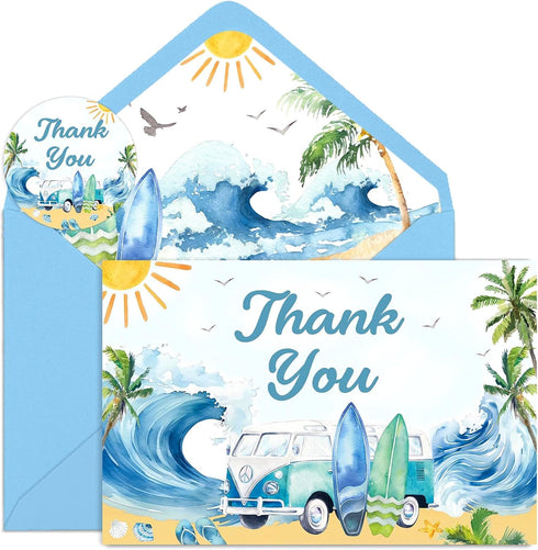 Yuzioey 50 Pack Surfing Thank You Cards, 4x6 Summer Wave Beach Thank You