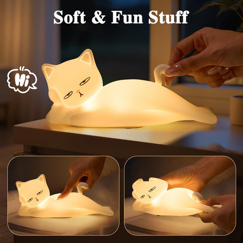 16 Colors+5 Dimming+Silicone Lying Flat Cat Lamp Funny Gifts, Random Stuff, Touch+Remote+Recharge Night Light for Kids