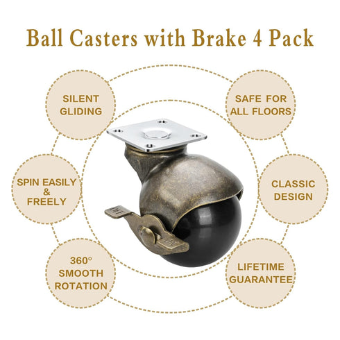 Caster Set of 4, Antique Brass Casters with Brake, 2 Inch Ball Castor Wheels for Vintage Furniture Heavy Duty