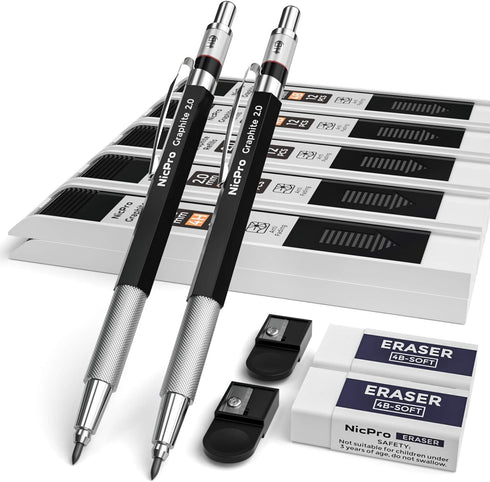 Nicpro 2mm Metal Mechanical Pencil Set, 2PCS Lead Holder with 120 Graphite Lead Refill (HB 2H 4H 2B 4B & Color), 2