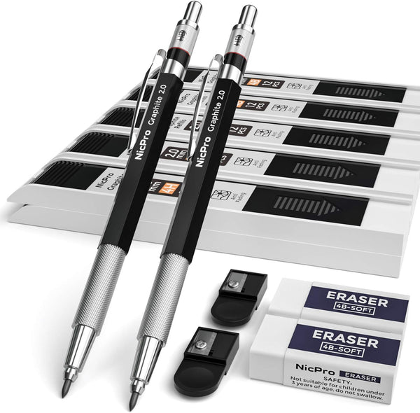 Nicpro 2mm Metal Mechanical Pencil Set, 2PCS Lead Holder with 120 Graphite Lead Refill (HB 2H 4H 2B 4B & Color), 2