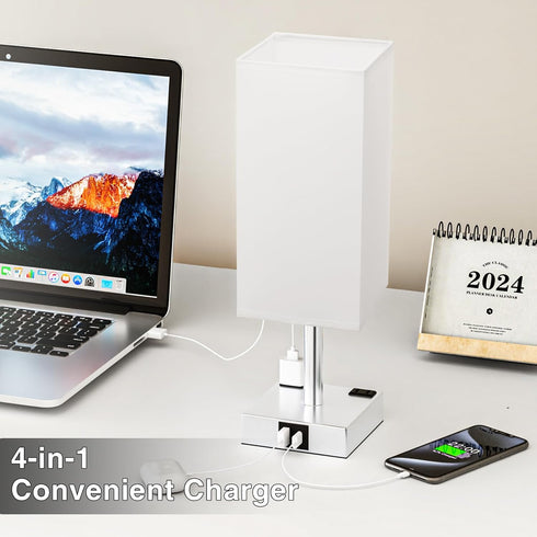 3-Way Dimmable E26 Bulb Touch Bedside Table Lamp for Nightstand - Night Lamp with USB A + Type C Charging Ports and Two