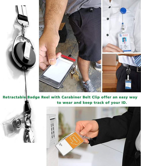 ID Card Case + Lanyard + Badge Holder, Retractable Reel Carabiner, Genuine Leather Horizontal Black