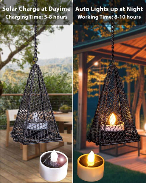 4 Pack Solar Hanging Lights Outdoor, Hanging Lanterns Candle Holder with Solar Tea Lights Candles Outdoor Waterproof