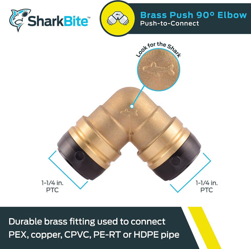 SharkBite 1-1/4 Inch 90 Degree Elbow, Push to Connect Brass Plumbing Fitting for PEX Pipe, Copper, CPVC, PE-RT