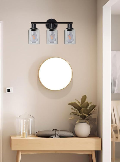 3 Fixtures(Bulbs Porch,E26 Ldeco Light Bathroom Light Included.),Black Vanity Lights with Clear Glass Shade,Modern Wall
