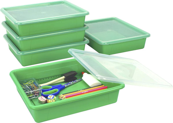 Storex Letter Size Flat Storage Tray, Organizer Bin with Non-Snap Lid, Green, 5-Pack