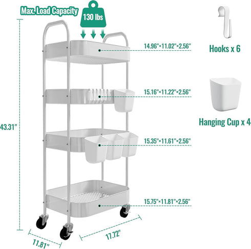 Ytmshisan 4-Tier Metal Rolling Cart with Wheels, Storage Utility Organizer Cart for Kitchen, Bathroom, Office, Baby