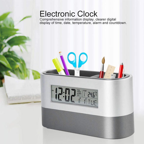 Electronic Pencil Cup, Backlight Calendar Snooze Pen Stationery Storage Holder Multifunctional Desk Clock Digital Screen Alarm with LCD Display Thermometer for Home Office Desktop Container Organizer by Tiiyee