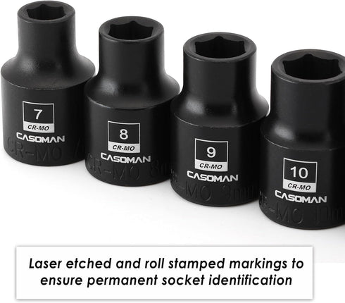 13PCS 3/8"Drive Set, 6-Point, 7mm 19mm, CASOMAN Magnetic Socket Shallow, Metric, to CR-MO
