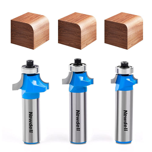 Newdeli 3pcs Roundover Router Bits Set 1/2 inch Shank, Bearing Guide Rounding
