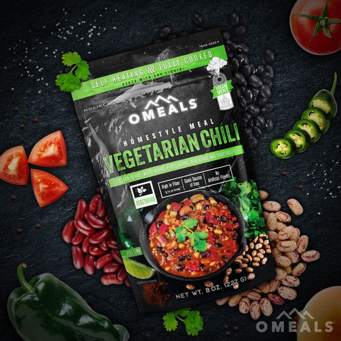 OMEALS Vegetarian Chili-MRE-Extended Shelf Life-Fully Cooked w/Heater-Perfect for Outdoor Enthusiasts, Travelers