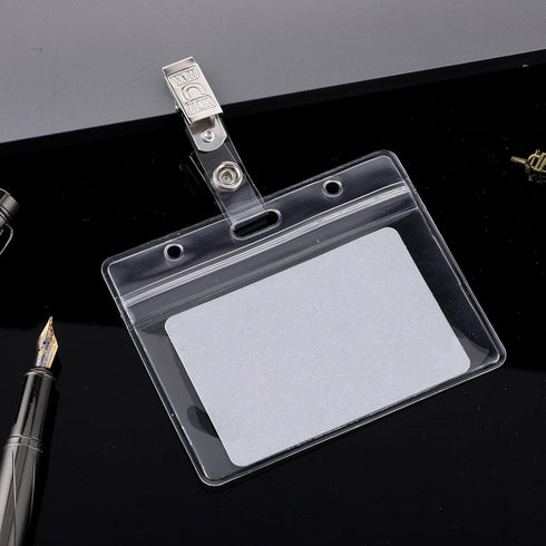 Clear ID Badge Holder with Metal Clips - 2 Pack Soft Plastic Card Sleeves, Waterproof Credit Card Protector Case