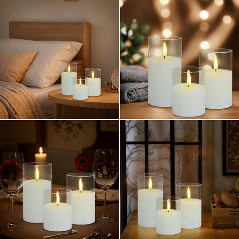 3Pack Flameless Candle in Glass, Flashing LED Pillar Real Wax Fake Candle with Remote Control and Timer, Battery
