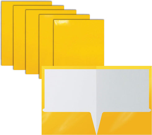 Better Office Products 2 Pocket Glossy Laminated Yellow Paper Folders, Letter Size, 25-Pack