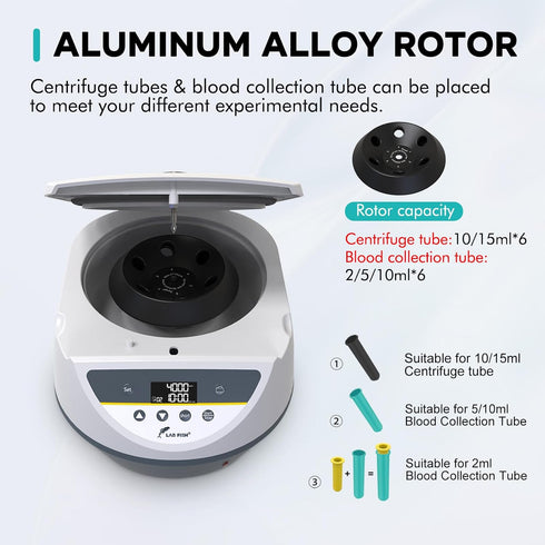 LABFISH LC-6S, 2ml/5ml/10ml/15ml Capacity PRP Lab Benchtop Centrifuge Machine with Test Tube Adapters