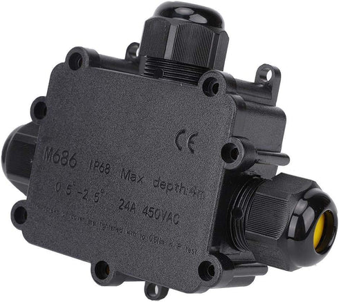 IP68 Waterproof Junction Box, M686 Outdoor Cable 3-Way Electrical Junction Box, Black Plastic