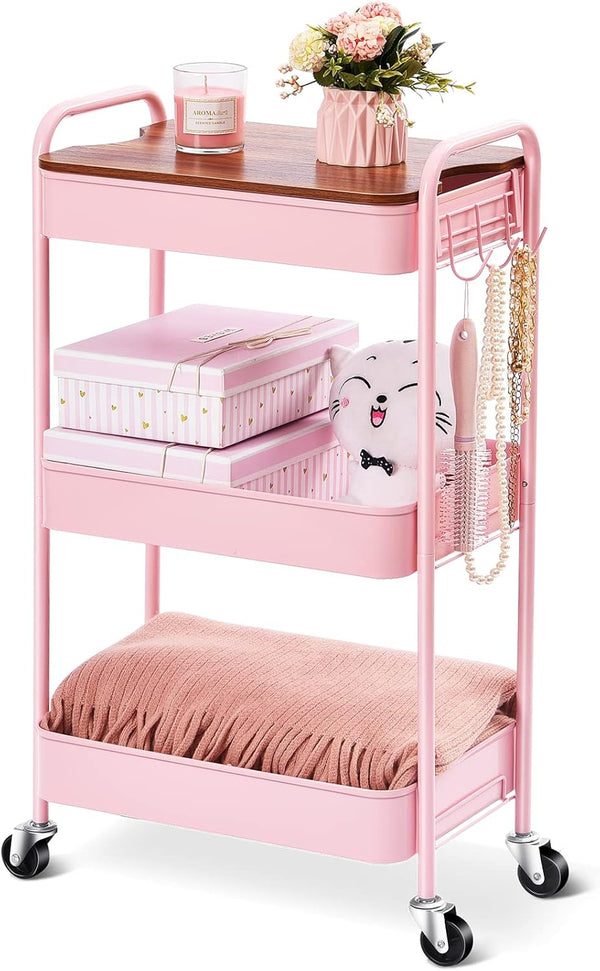 TOOLF Pink 3 Tier Rolling Cart, Metal Utility Cart with Wheels & Wooden Top, Organizer for Kitchen, Office, Bathroom