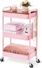 TOOLF Pink 3 Tier Rolling Cart, Metal Utility Cart with Wheels & Wooden Top, Organizer for Kitchen, Office, Bathroom