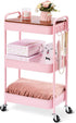 TOOLF Pink 3 Tier Rolling Cart, Metal Utility Cart with Wheels & Wooden Top, Organizer for Kitchen, Office, Bathroom