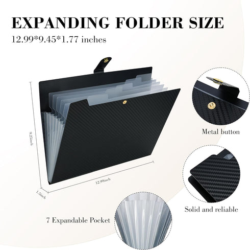 Expanding File Folder - 7 Pocket Letter Size Accordion File Organizer with Labels - Black