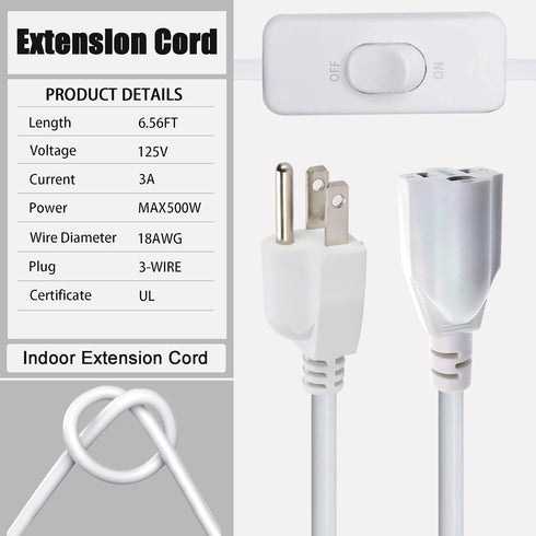Long Extension Cord with Switch On/Off, 3 Prong Grounded Plug Indoor Power Cord 6.56 FT Waterproof