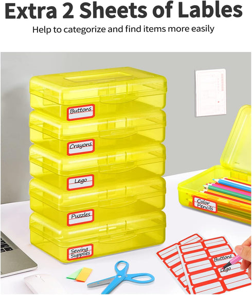 Sooez 6 Pack Pencil Box, Hard Plastic School Supplies Container with Lid, Clear Stackable Crayon Boxes