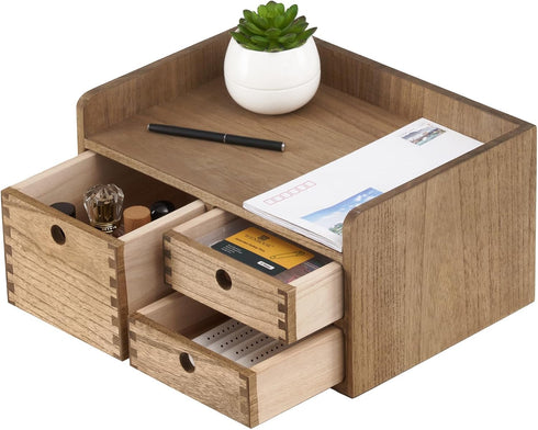 KIRIGEN Desk Organizer with 3 Drawers, Dark Brown Wooden Storage Box for Office Supplies and Toiletries