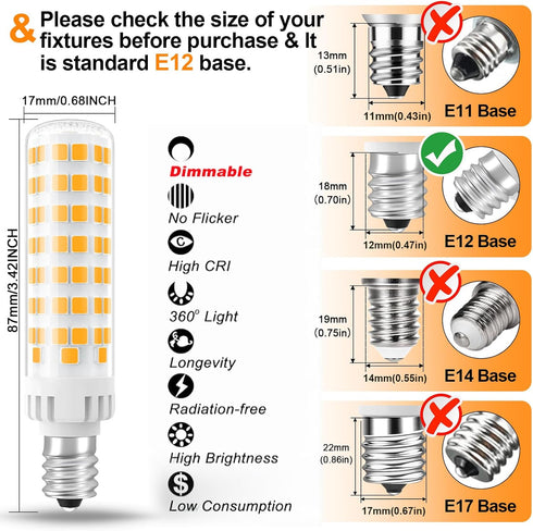 E12 100W Dimmable Bulbs C7 3000K 10W 1000 T6 Bulbs 6 Pack Replacement LED Candelabra Warm White Lumen LED Chandelier