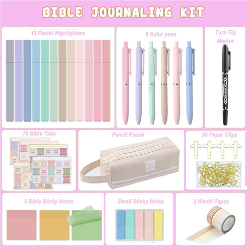 Bible Study Kit with Bible Journaling Supplies, Highlighters, Gel Pens, Bible Tabs, Tapes, Sticky Notes, Paper Clips,