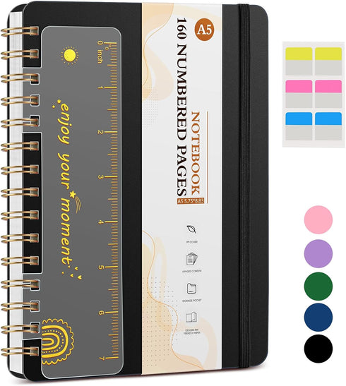 Lined Spiral Notebook Journal, 160 Numbered Pages A5 College Ruled, Plastic Hardcover for Work School