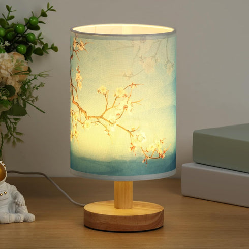 MABCIRY Fabric Wood Table Lamp for Bedroom, USB LED Bedside Night Lamp with