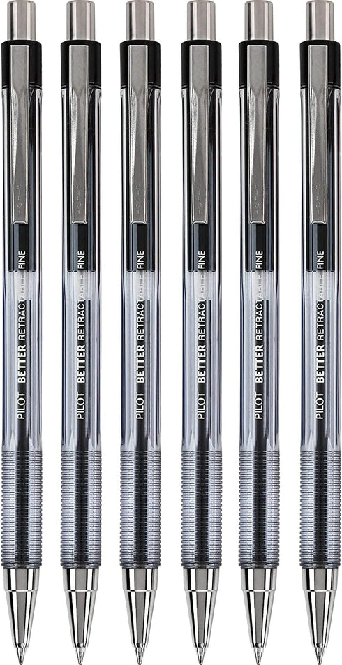 PILOT The Better Ball Point Pen, Refillable & Retractable, Fine Point, Black Ink, 6 Pack