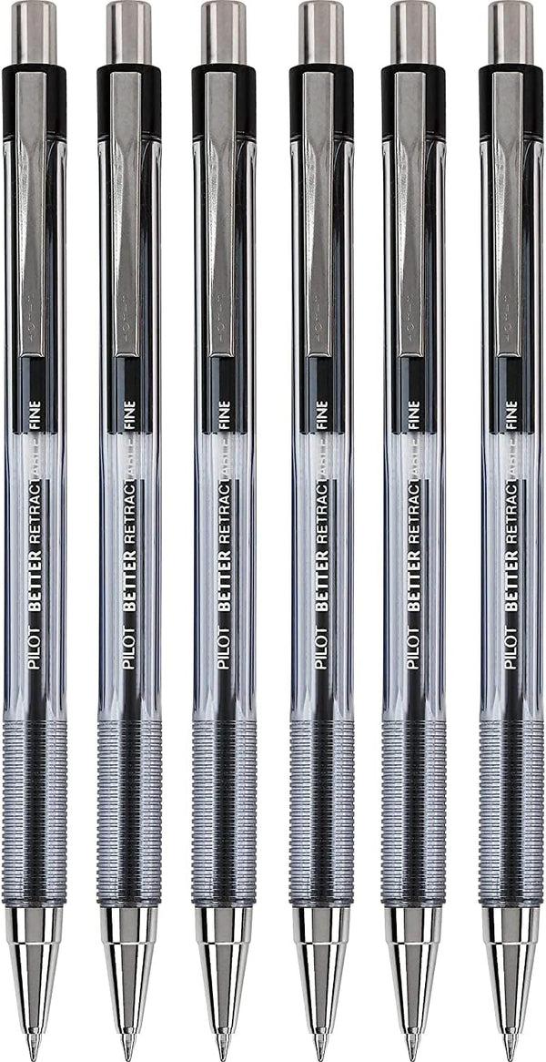 PILOT The Better Ball Point Pen, Refillable & Retractable, Fine Point, Black Ink, 6 Pack