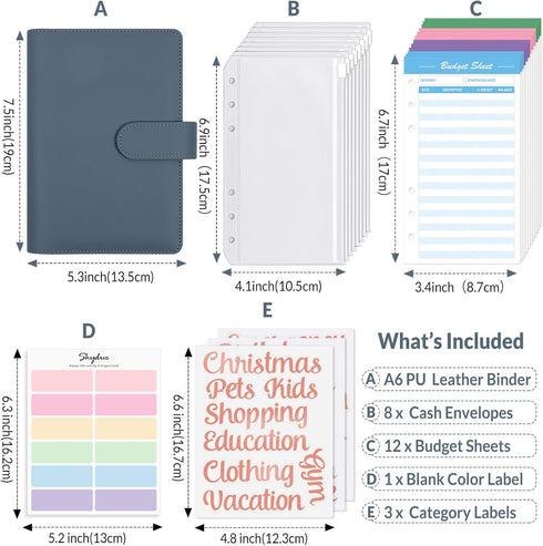 SKYDUE A6 Budget Binder, Money Organizer with 8pcs Zipper Envelopes, 12pcs Expense Sheets & 24 Sticky Labels