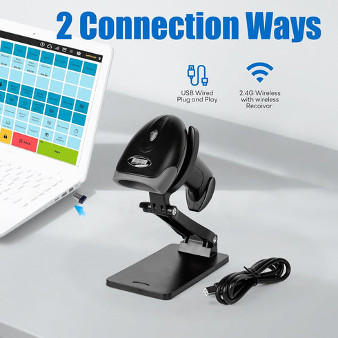 Rabitpos 1D 2D 2.4G CMOS QR Code Scanner with Foldable Stand, Barcode Scanner Wireless & USB Wired Connection, Handheld