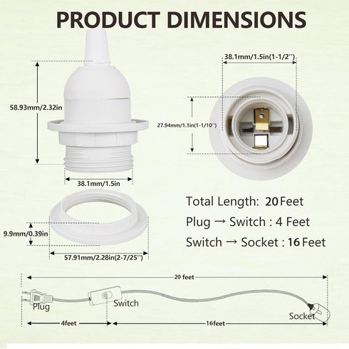 20 Bulb 2 Pack E26 Bulb Pendant Light Cord - Feet Hanging Light with Plug in Cord - Lamp Cord Light Socket with Wire