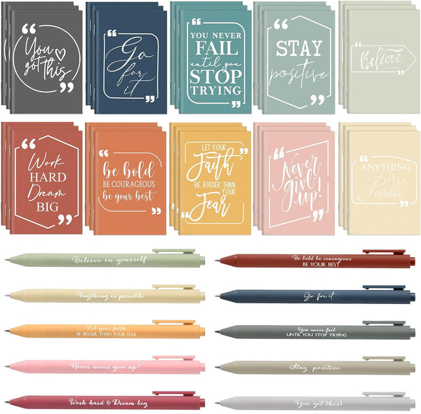 Fulmoon 60 Pcs Motivational Journal Bulk Notepads and Pens, Inspirational Mini Notebooks, Ballpoint Pens for Students