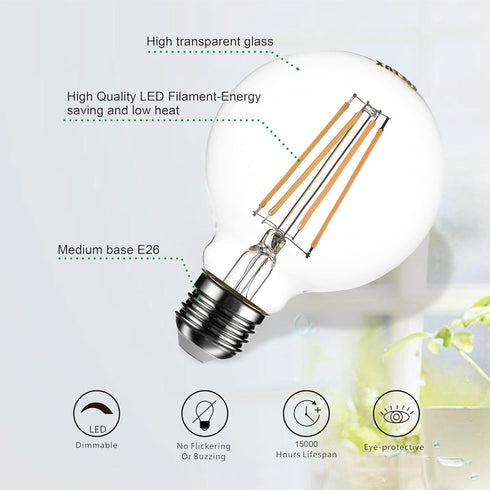 SD LUX G25 Vintage Globe Light Bulbs, 6 Pack, 8W Dimmable, 1000LM (100W Equivalent), E26 Base, 2700K Warm White
